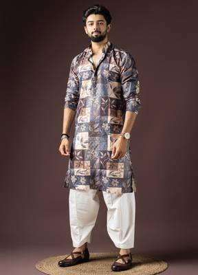 Multi color beautiful printed blended cotton fabric ceremonial men's kurta payjama 1