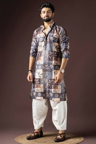 Multi color beautiful printed blended cotton fabric ceremonial men's kurta payjama