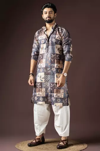 Multi color beautiful printed blended cotton fabric ceremonial men's kurta payjama