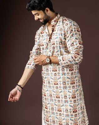 Cream color beautiful printed blended cotton fabric ceremonial men's kurta payjama 3
