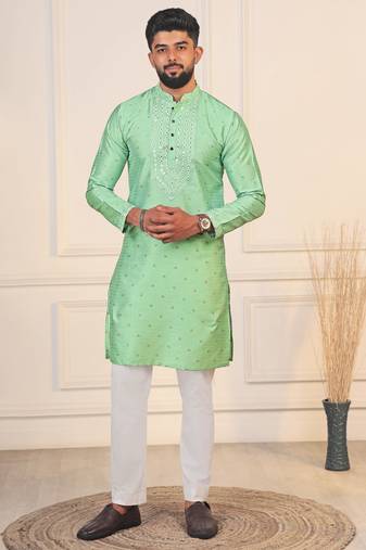 Pista color jacquard silk fabric designer embroidered kurta payjama for men's