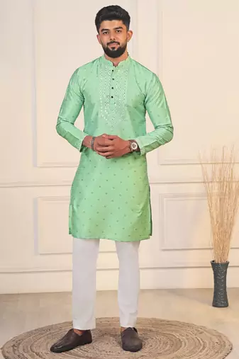 Pista color jacquard silk fabric designer embroidered kurta payjama for men's