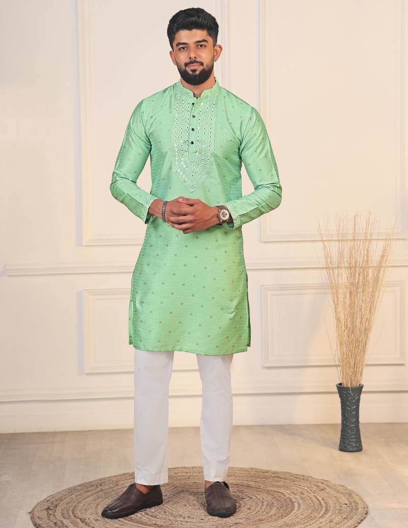 Pista color jacquard silk fabric designer embroidered kurta payjama for men's