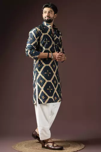 Navy blue color beautiful printed rayon fabric ceremonial men's kurta payjama