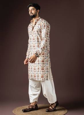 Cream color beautiful printed blended cotton fabric ceremonial men's kurta payjama 4