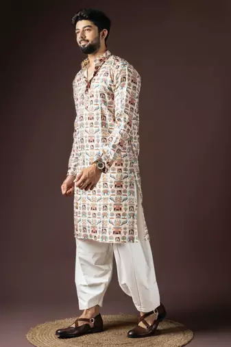 Cream color beautiful printed blended cotton fabric ceremonial men's kurta payjama