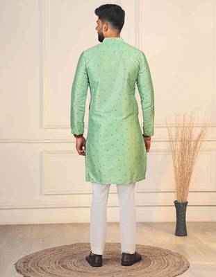 Pista color jacquard silk fabric embroidered kurta payjama for men's 2