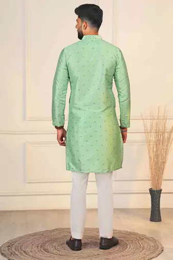 Pista color jacquard silk fabric embroidered kurta payjama for men's
