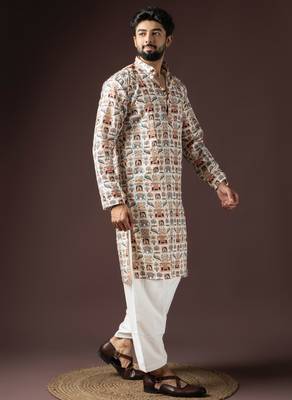 Cream color beautiful printed blended cotton fabric ceremonial men's kurta payjama 5