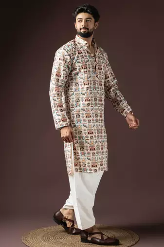Cream color beautiful printed blended cotton fabric ceremonial men's kurta payjama