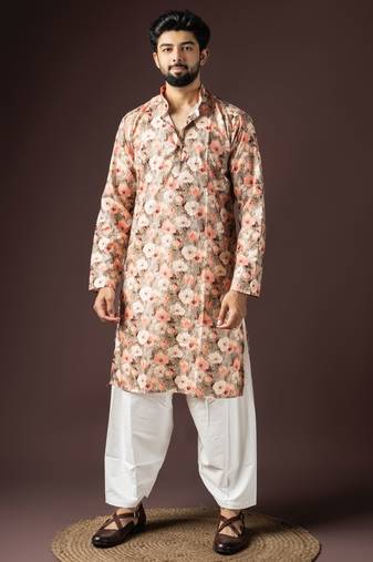 Multi color beautiful printed blended cotton fabric ceremonial men's kurta payjama