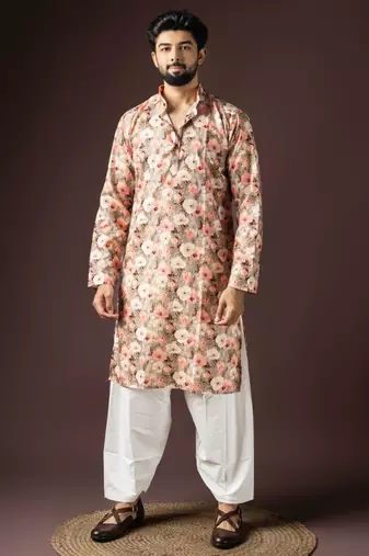 Multi color beautiful printed blended cotton fabric ceremonial men's kurta payjama