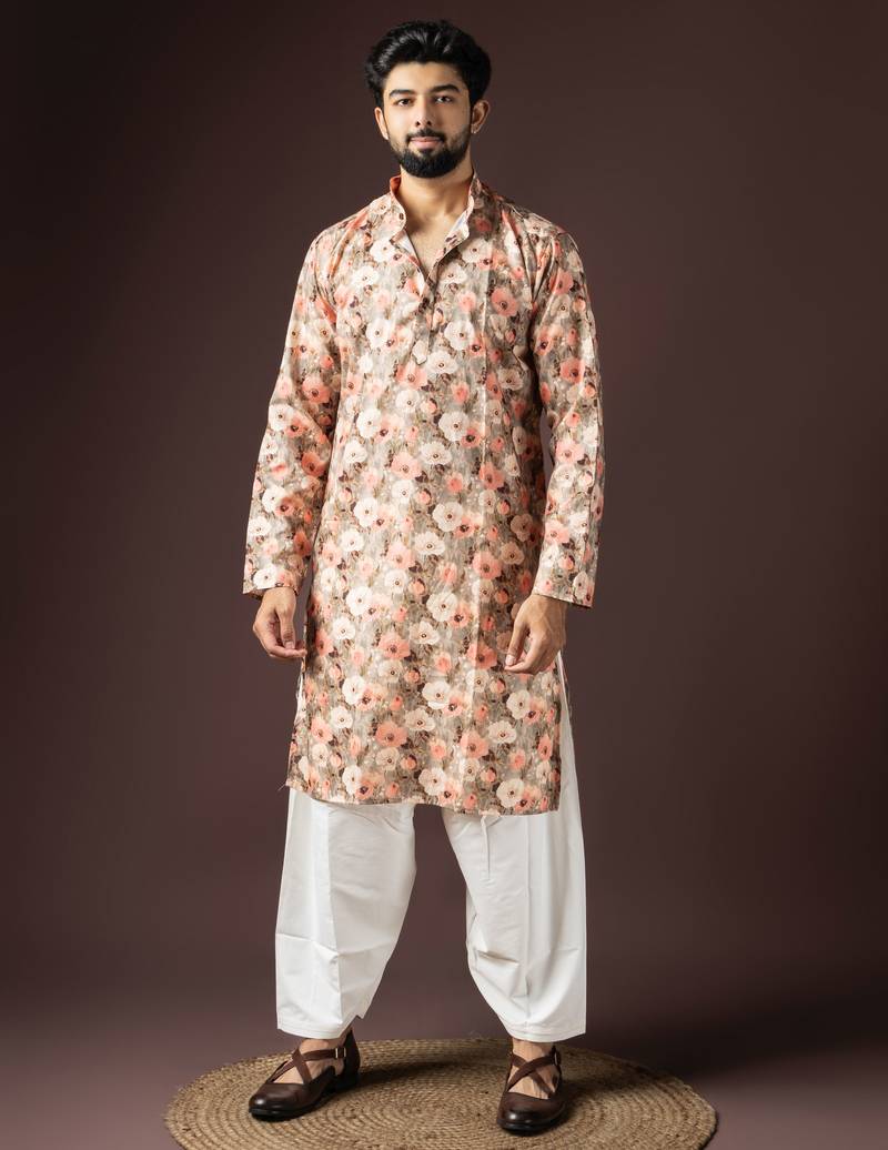Multi color beautiful printed blended cotton fabric ceremonial men's kurta payjama