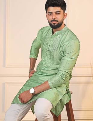 Pista color jacquard silk fabric embroidered kurta payjama for men's 3