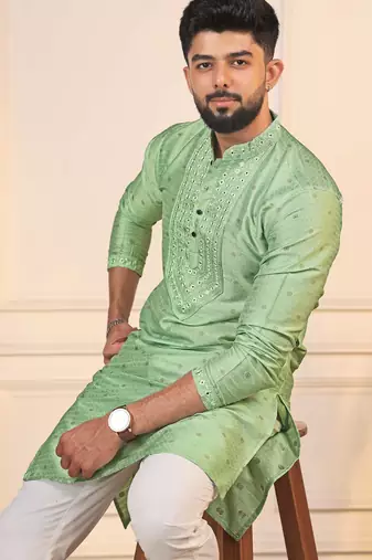 Pista color jacquard silk fabric embroidered kurta payjama for men's