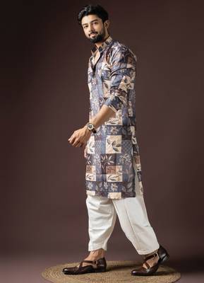 Multi color beautiful printed blended cotton fabric ceremonial men's kurta payjama 4