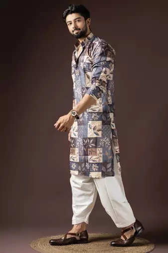 Multi color beautiful printed blended cotton fabric ceremonial men's kurta payjama