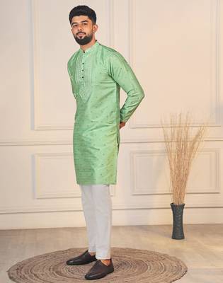 Pista color jacquard silk fabric embroidered kurta payjama for men's 4