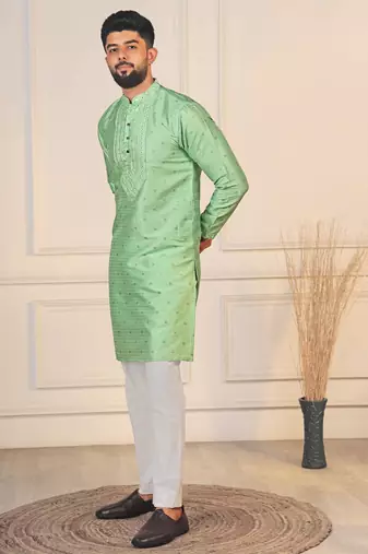 Pista color jacquard silk fabric embroidered kurta payjama for men's