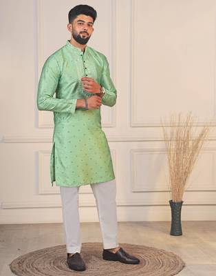 Pista color jacquard silk fabric embroidered kurta payjama for men's 5