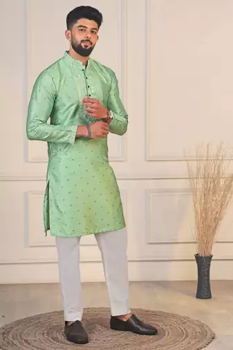 Pista color jacquard silk fabric embroidered kurta payjama for men's