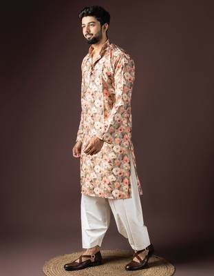 Multi color beautiful printed blended cotton fabric ceremonial men's kurta payjama 4