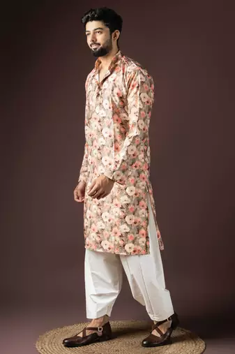 Multi color beautiful printed blended cotton fabric ceremonial men's kurta payjama