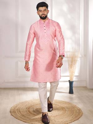 Pink color jacquard silk fabric embroidered kurta payjama for men's 1
