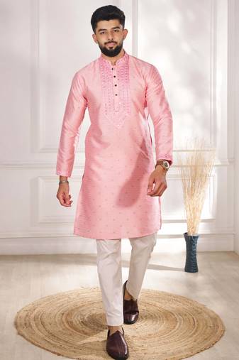 Pink color jacquard silk fabric designer embroidered kurta payjama for men's