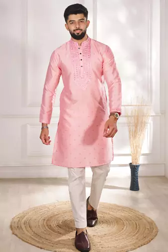 Pink color jacquard silk fabric designer embroidered kurta payjama for men's