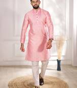 Pink color jacquard silk fabric designer embroidered kurta payjama for men's