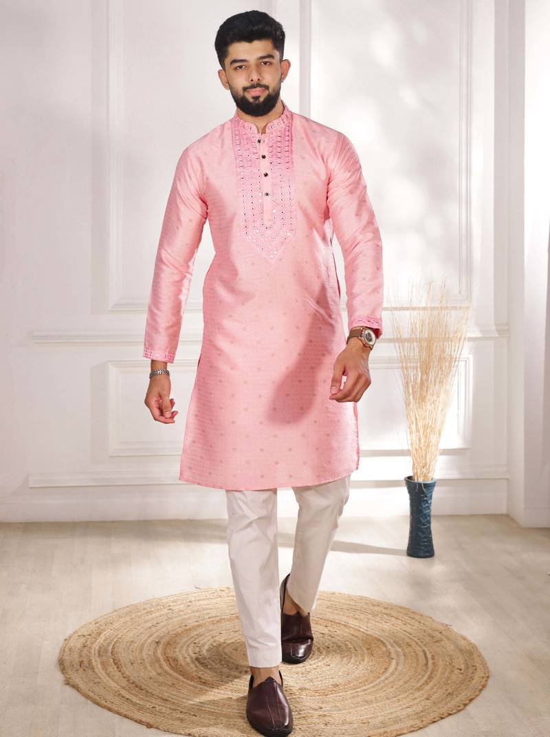 Pink color jacquard silk fabric designer embroidered kurta payjama for men's
