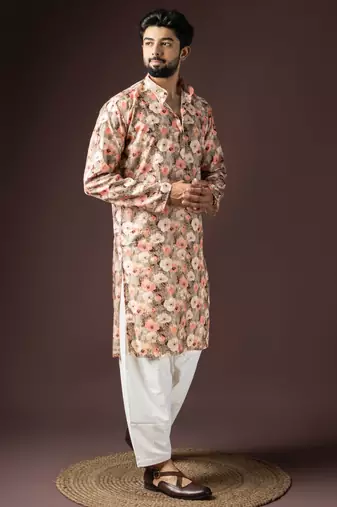 Multi color beautiful printed blended cotton fabric ceremonial men's kurta payjama
