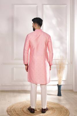 Pink color jacquard silk fabric embroidered kurta payjama for men's 2