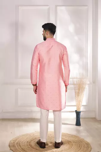 Pink color jacquard silk fabric embroidered kurta payjama for men's