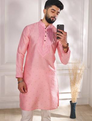 Pink color jacquard silk fabric embroidered kurta payjama for men's 3