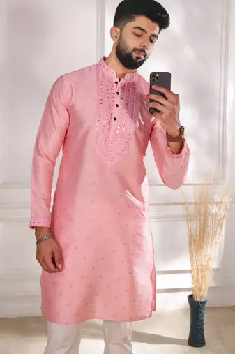 Pink color jacquard silk fabric embroidered kurta payjama for men's