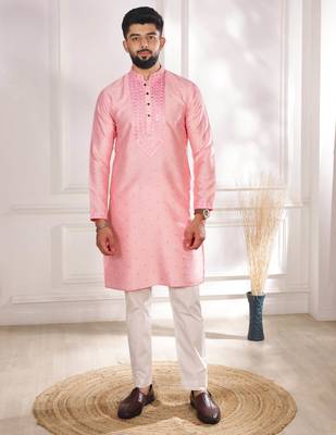 Pink color jacquard silk fabric embroidered kurta payjama for men's 4