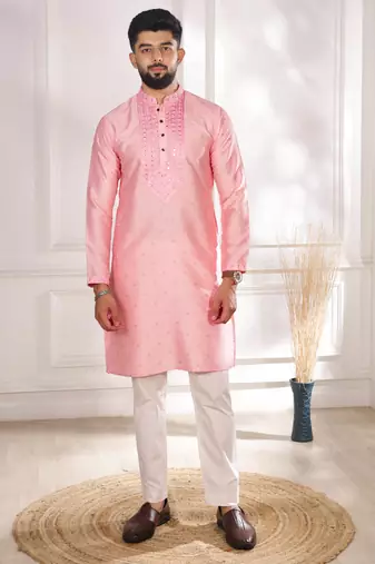 Pink color jacquard silk fabric embroidered kurta payjama for men's