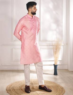 Pink color jacquard silk fabric embroidered kurta payjama for men's 5