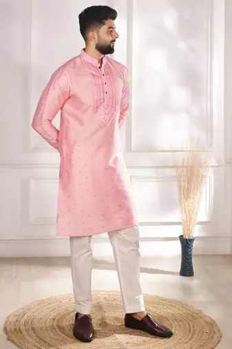 Pink color jacquard silk fabric embroidered kurta payjama for men's