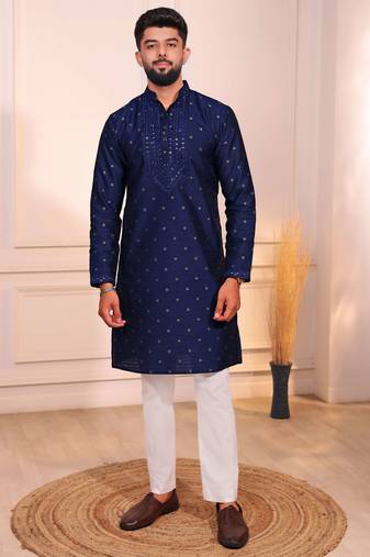 Blue color jacquard silk fabric designer embroidered kurta payjama for men's