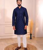 Blue color jacquard silk fabric designer embroidered kurta payjama for men's