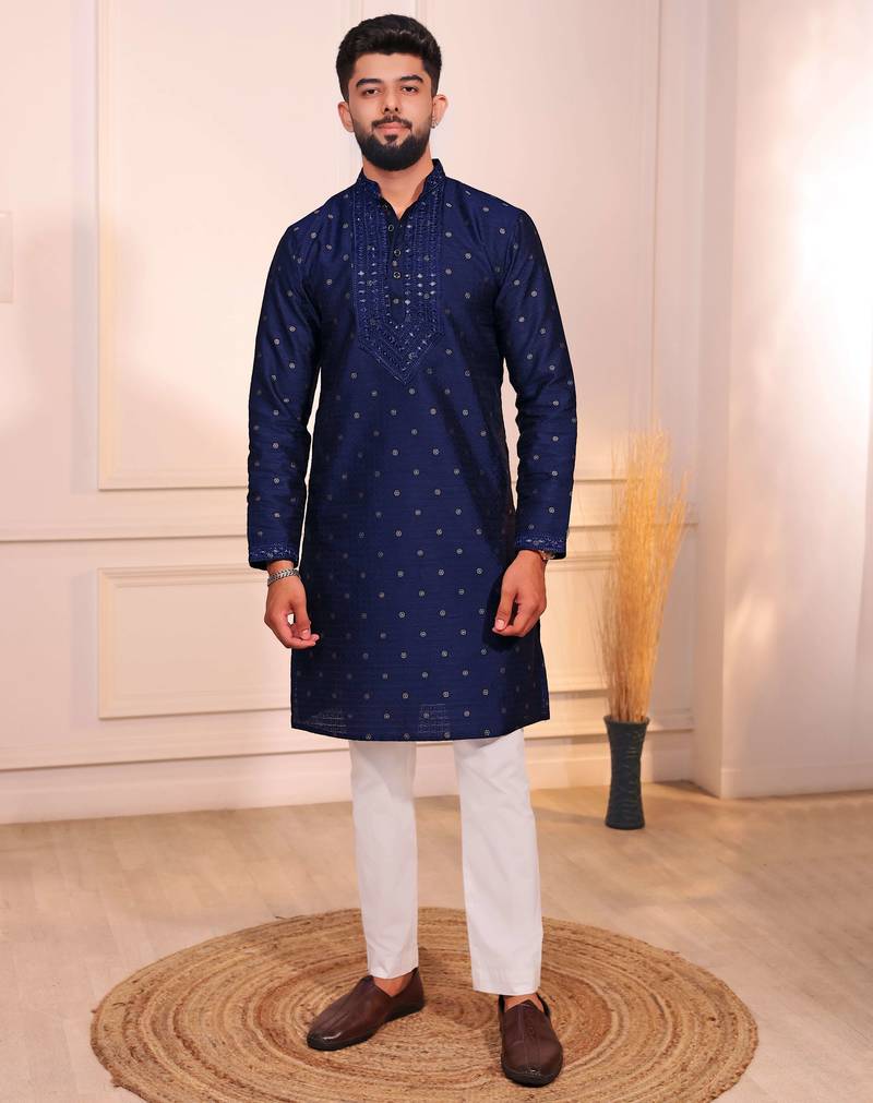 Blue color jacquard silk fabric designer embroidered kurta payjama for men's