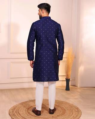 Blue color jacquard silk fabric embroidered kurta payjama for men's 2