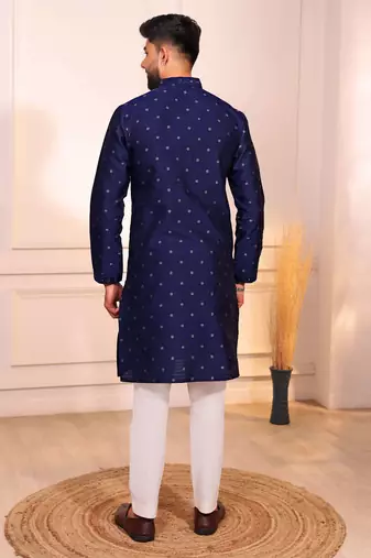 Blue color jacquard silk fabric embroidered kurta payjama for men's