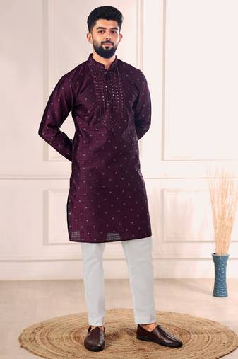 Wine color jacquard silk fabric designer embroidered kurta payjama for men's