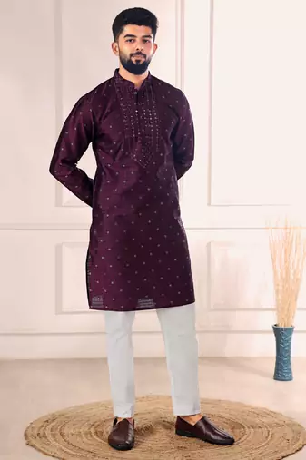 Wine color jacquard silk fabric designer embroidered kurta payjama for men's