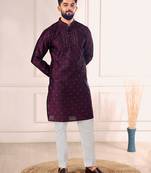 Wine color jacquard silk fabric designer embroidered kurta payjama for men's