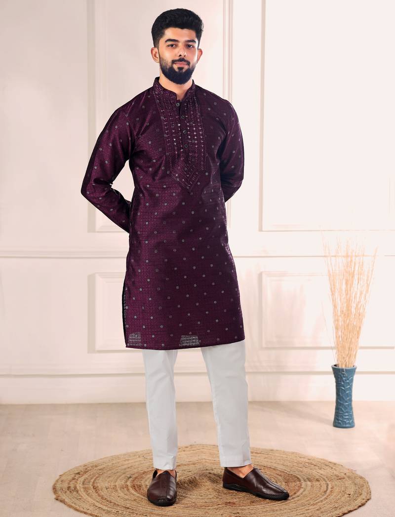 Wine color jacquard silk fabric designer embroidered kurta payjama for men's